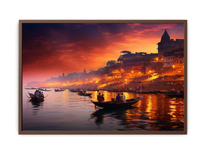 Dramatic Banaras Ganga evening canvas art for moody living room decor.