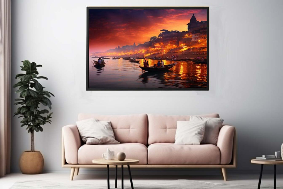 Dramatic Banaras Ganga evening canvas art for moody living room decor.
