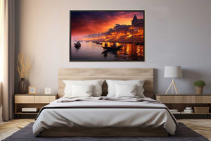 Dramatic Banaras Ganga evening canvas art for moody living room decor.