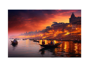 Dramatic Banaras Ganga evening canvas art for moody living room decor.