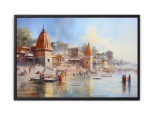 Haridwar Ganga Ghat watercolor canvas art for peaceful living room decor.