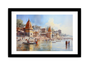 Haridwar Ganga Ghat watercolor canvas art for peaceful living room decor.