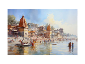 Haridwar Ganga Ghat watercolor canvas art for peaceful living room decor.