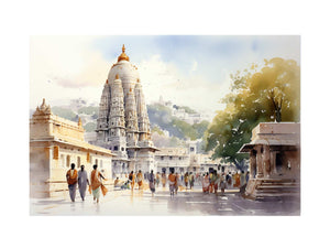 Tirupati Balaji temple watercolor canvas art for serene home decor.