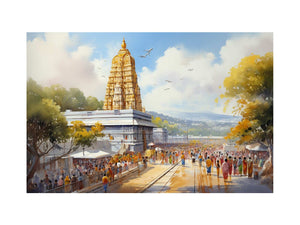 Golden temple watercolor canvas art with crowd for vibrant living room decor.