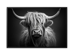 Black and white Highland cow canvas art for rustic modern living room decor.