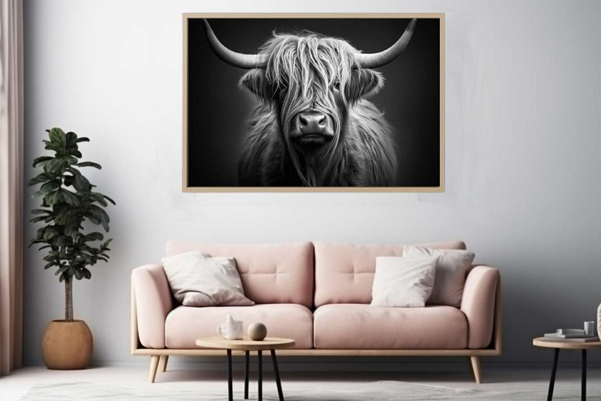 Black and white Highland cow canvas art for rustic modern living room decor.