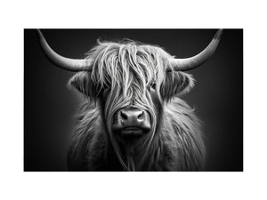 Black and white Highland cow canvas art for rustic modern living room decor.