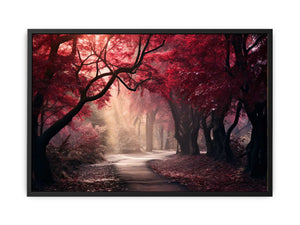 Moody red forest path canvas art for dramatic modern living room decor.