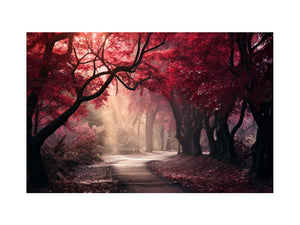 Moody red forest path canvas art for dramatic modern living room decor.