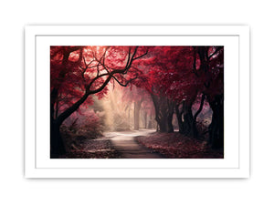 Moody red forest path canvas art for dramatic modern living room decor.