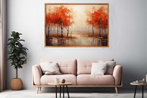 Orange autumn forest painting canvas art for warm living room decor.