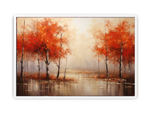 Orange autumn forest painting canvas art for warm living room decor.