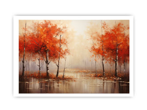 Orange autumn forest painting canvas art for warm living room decor.