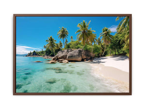 Seychelles island beach photography canvas art for coastal living room decor.