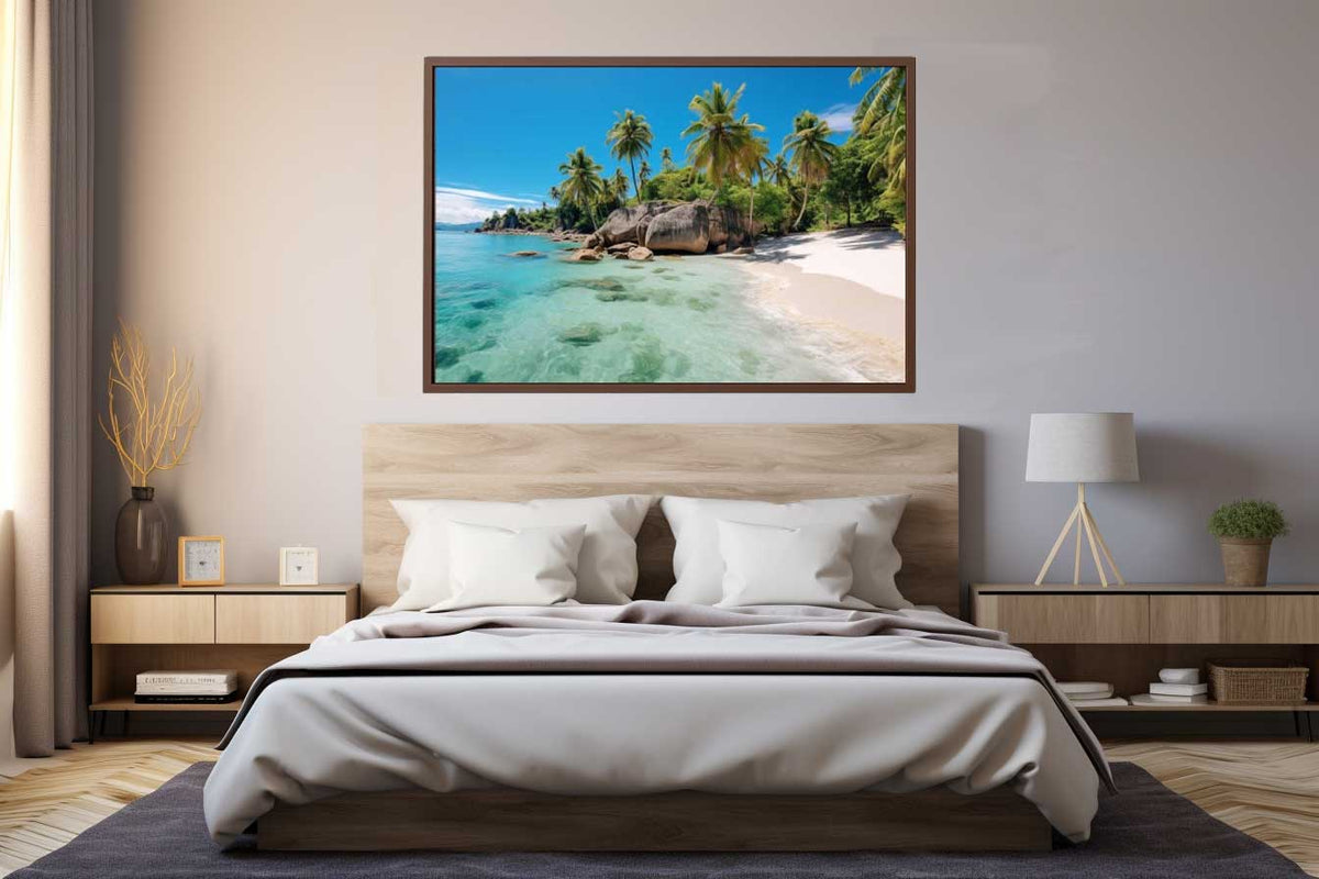 Seychelles island beach photography canvas art for coastal living room decor.