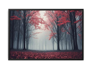 Misty red forest canvas art with autumn trees for modern living room decor.