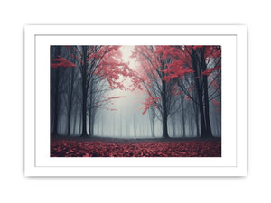 Misty red forest canvas art with autumn trees for modern living room decor.
