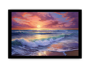 Colorful sunset ocean wave canvas art for coastal living room decor.