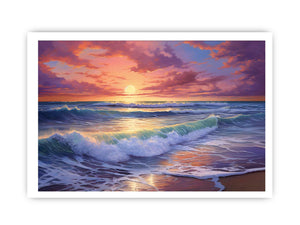 Colorful sunset ocean wave canvas art for coastal living room decor.