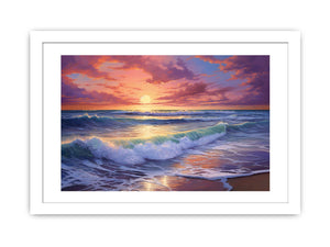 Colorful sunset ocean wave canvas art for coastal living room decor.
