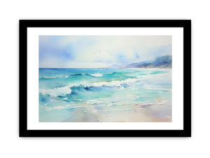 Turquoise watercolor ocean wave canvas art for modern coastal living room decor.