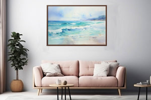 Turquoise watercolor ocean wave canvas art for modern coastal living room decor.