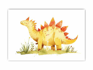 Cute yellow stegosaurus watercolor canvas art for nursery or kids bedroom decor.