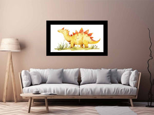 Cute yellow stegosaurus watercolor canvas art for nursery or kids bedroom decor.
