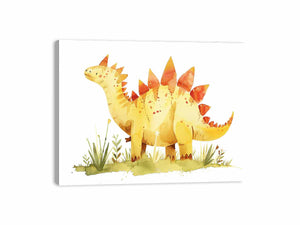 Cute yellow stegosaurus watercolor canvas art for nursery or kids bedroom decor.