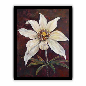 Moody ivory flower canvas art with burgundy background for elegant bedroom decor.