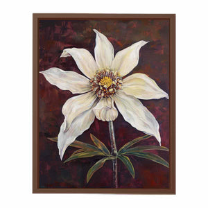 Moody ivory flower canvas art with burgundy background for elegant bedroom decor.