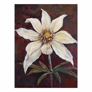 Moody ivory flower canvas art with burgundy background for elegant bedroom decor.