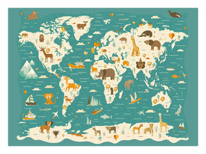 Illustrated animal world map wall art for kids room, nursery, or classroom decor.