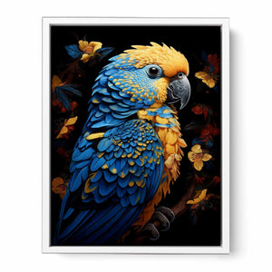 Blue and yellow macaw canvas art with tropical flowers for modern living room decor.