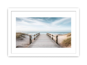Beach boardwalk canvas print for coastal living room decor.
