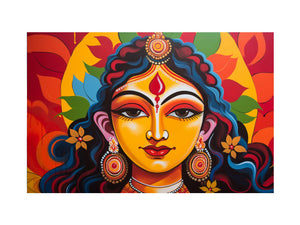 Colorful goddess portrait wall art for bold modern living room decor.