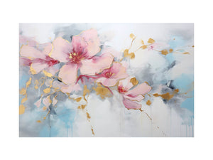 Pink blossom wall art with gold accents for elegant living room decor.