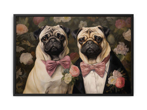 Two pug dogs with pink bows in floral vintage canvas art for cozy home decor.