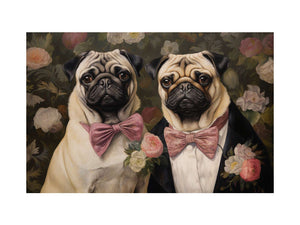 Two pug dogs with pink bows in floral vintage canvas art for cozy home decor.