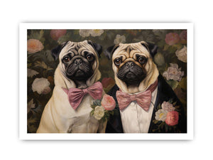 Two pug dogs with pink bows in floral vintage canvas art for cozy home decor.
