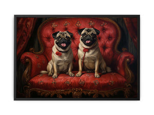 Two happy pugs on a red vintage sofa canvas art for playful living room decor.