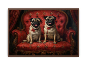 Two happy pugs on a red vintage sofa canvas art for playful living room decor.
