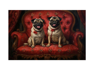 Two happy pugs on a red vintage sofa canvas art for playful living room decor.