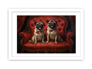 Two happy pugs on a red vintage sofa canvas art for playful living room decor.