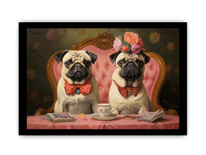 Two pugs at tea table with floral vintage details for charming kitchen or dining decor.