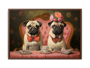 Two pugs at tea table with floral vintage details for charming kitchen or dining decor.