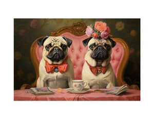 Two pugs at tea table with floral vintage details for charming kitchen or dining decor.