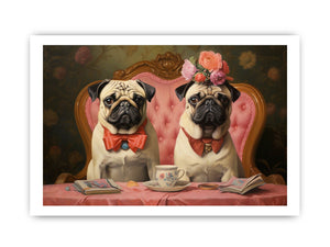 Two pugs at tea table with floral vintage details for charming kitchen or dining decor.