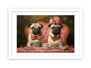Two pugs at tea table with floral vintage details for charming kitchen or dining decor.